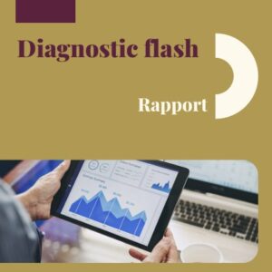 Couverture de rapport "Diagnostic flash" par Iris Bleu, montrant une personne analysant des graphiques de performance sur une tablette numérique. Design professionnel aux couleurs moutarde et prune.